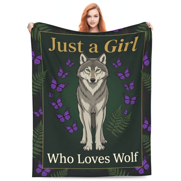 Wolf Throw Blanket, Cute Animal Gifts for Wolf Lovers, Soft Fuzzy Flannel Purple Blanket for Women Men, Home Couch Sofa Travel 80x60