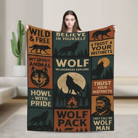 Wolf Throw Blanket, Flannel Cool Wolves Themed Stuffed Animal Purple Throw, Soft Nap Throw Blanket for Home Boys Girls Women Wolf Lovers Gifts 50x40