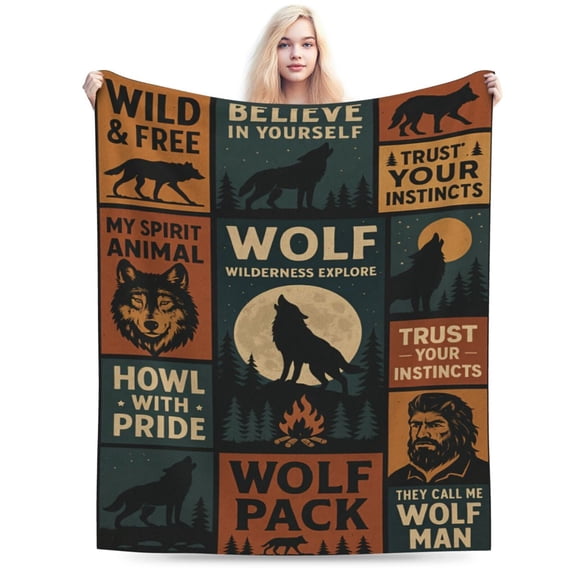 Wolf Throw Blanket, Flannel Cool Wolves Themed Stuffed Animal Purple Throw, Soft Nap Throw Blanket for Home Boys Girls Women Wolf Lovers Gifts 80x60