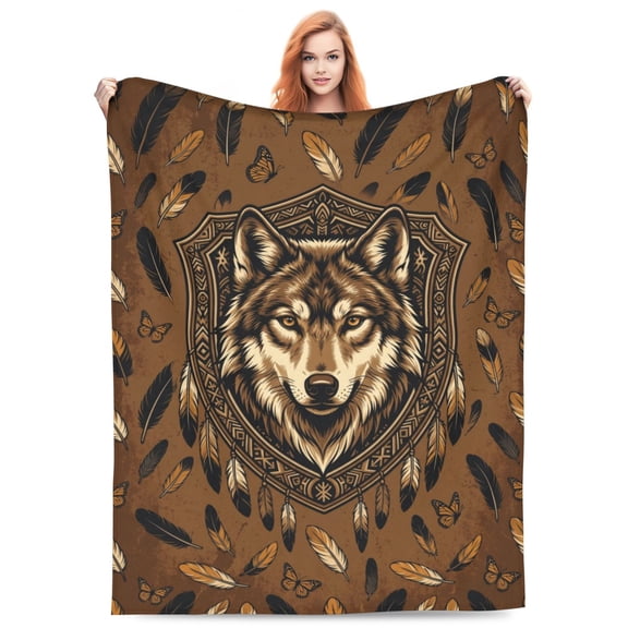 Wolf Throw Blanket, Indian Style Wolf Fleece Bedding, Super Soft Fuzzy Plush Cozy Warm Decor, Stuffed Throw Gift for Adults 50x40