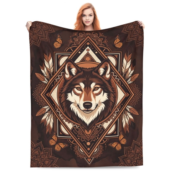Wolf Throw Blanket, Indian Style Wolf Throw Blanket, Super Soft Fuzzy Plush Cozy Warm Decor, Stuffed Bedding Gift for Adults 80x60