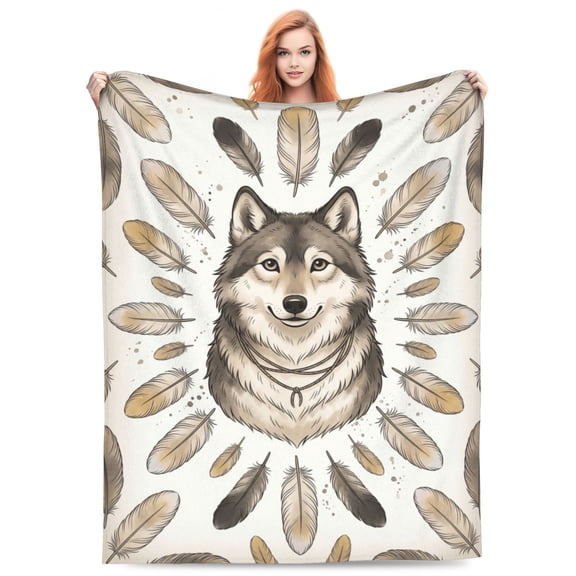 Wolf Throw Blanket Soft Indian Wolf Print, Rustic Living Room Decor Art, Flannel Blankets and Throws 50x40