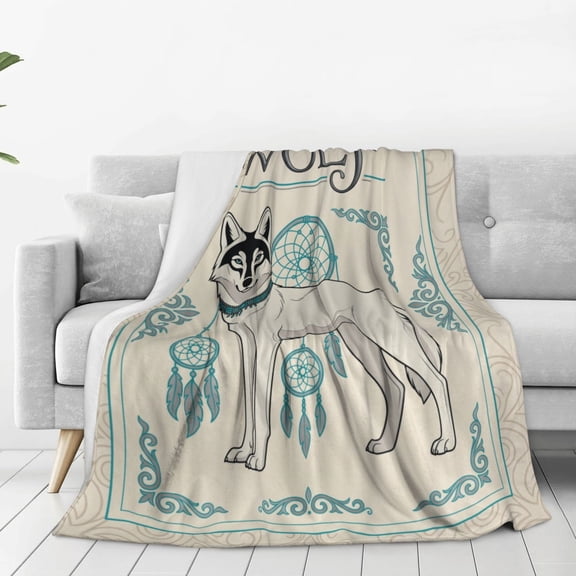 Wolf Throw Blanket, Tribal Wildlife Design, Soft Flannel Fleece Bedding, Cozy Gift for Couch Bed 50x40
