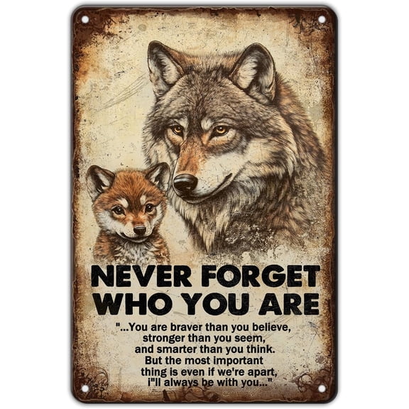 Wolf Tin Sign Inspirational Quotes Never Forget Who You Are wolf poster Retro Plaque Vintage Wall Decor for Man Cave Garage Library Living Room Cinema 12x8 Inch