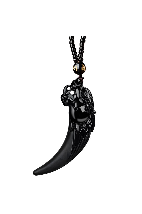 Wolf Tooth Necklace, Men's Natural Jadeite Pendant with Obsidian Beads, Black Carved Design, Unique Crocodile Tooth Shape