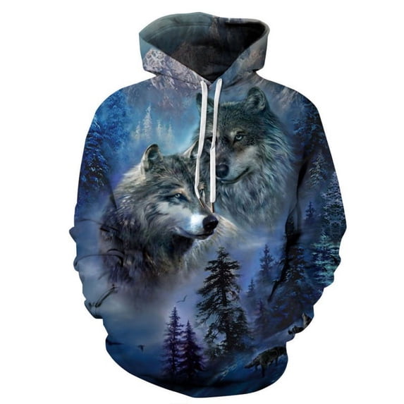 Wolf Totem Fashion Men Women 3D Printing Hoodie, Shiny Wolf Design Sweatshirt Pullover Fall Winter Sweatshirt-blue-XXS