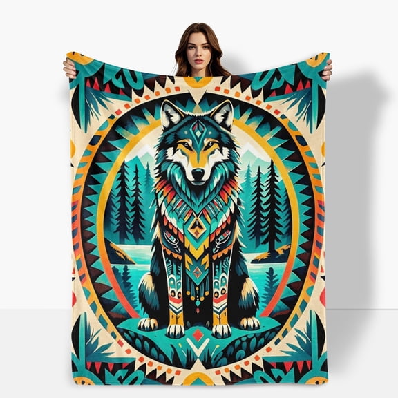 Wolf Totem Green Illustration Flannel Blanket For Sofa Bed Travel Camping Living Room Office Chair Polyester Gift For Family Friends Soft Warm Comfortable