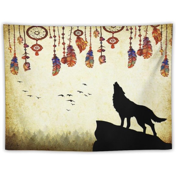 Wolf Totem Tapestry Vintage Brown Forest Primitive Tribal Dreamcatcher Wildlife Wolf Howling Tapestries for Kids Boys Bedroom Dorm Living Room Decor 30x40in