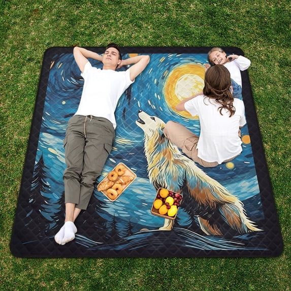 Wolf Trees Starry Sky Beach Blanket Outdoor Picnic Blanket 78"x 78" Waterproof Foldable for Beach Camping Travel Hiking Grass Lawn Park