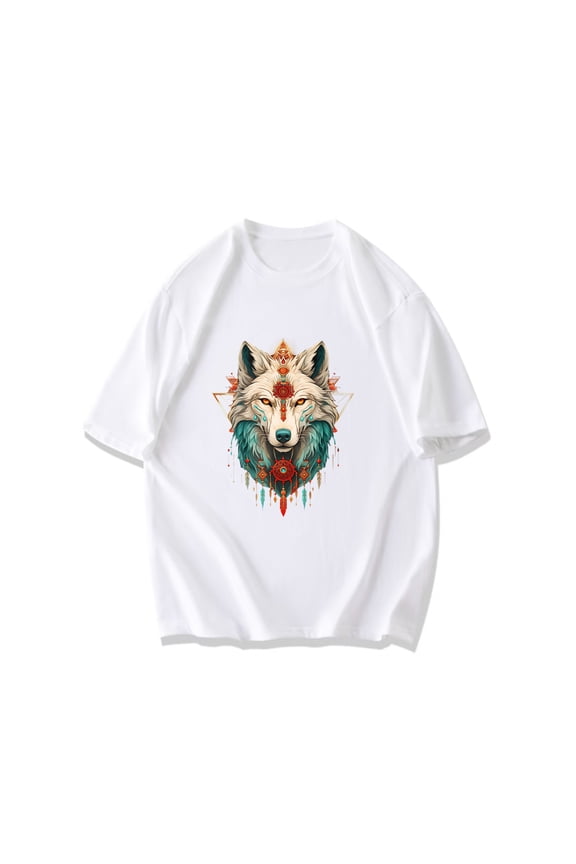 Wolf Tribal Art T-Shirt Black Wolf Head With Geometric Patterns And Feathers Design For Casual Wear