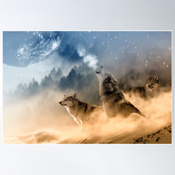 Wolf Trio And The Moon Poster Wall Art, Modern Wall Decor For Living Room Bedroom, 12x18 UNFRAMED