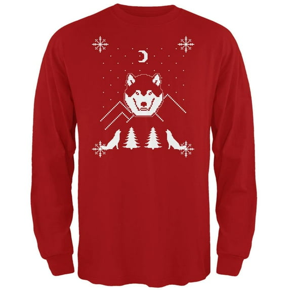 Wolf Ugly Christmas Red Adult Long Sleeve T-Shirt - Large