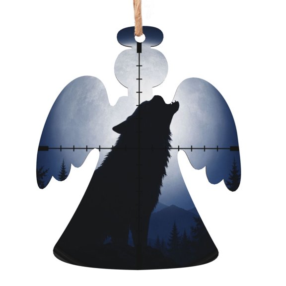 Wolf Under Night Sky Wooden Christmas Ornament Angel Shape,Xmas Tree Hanging Decoration 6 PCS