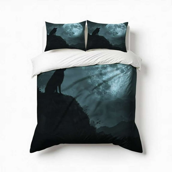 Wolf Under The Moon Bedding Set 3 Pcs Soft Microfiber Quilt Cover For Bedroom Decor, Comforter Cover With 2 Pillowcase