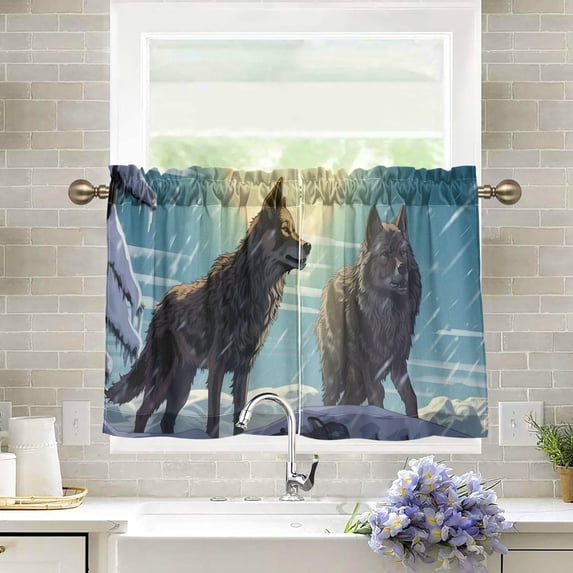 Wolf Under Winter Snow Half Window Tier Curtains 36 Inch Blackout Thermal Insulating Kitchen Linen Tier Curtains for Kitchen, Bathroom, Cafe Home Decor