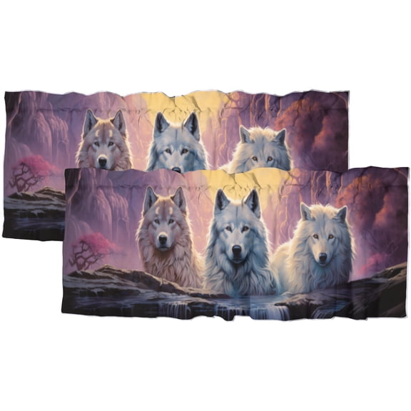 Wolf Valance Curtain for Kitchen Forest Mountain Sunset Waterfall Pine Tree Wild Animals Window Valance for Living Room Bedroom, Kitchen Valance Rod Pocket Window Decor Curtain 54 by 18 in, 2 Panel