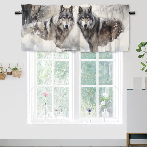 Wolf Valance Curtain for Kitchen Snowy Winter Forest Nature Scenery Rustic Cabin Window Valance for Living Room Bedroom, Kitchen Valance Rod Pocket Window Decor Curtain 54 by 18 in, 1 Panel