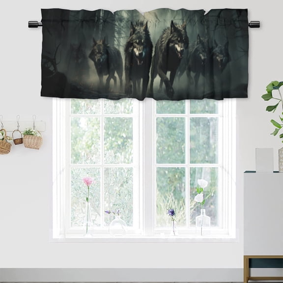 Wolf Valance Rod Pocket Window Curtain for Kitchen Magical Forest Night Wild Animals Running Privacy Window Valances for Living Room Kitchen 54 by 18 in, 1 Panel