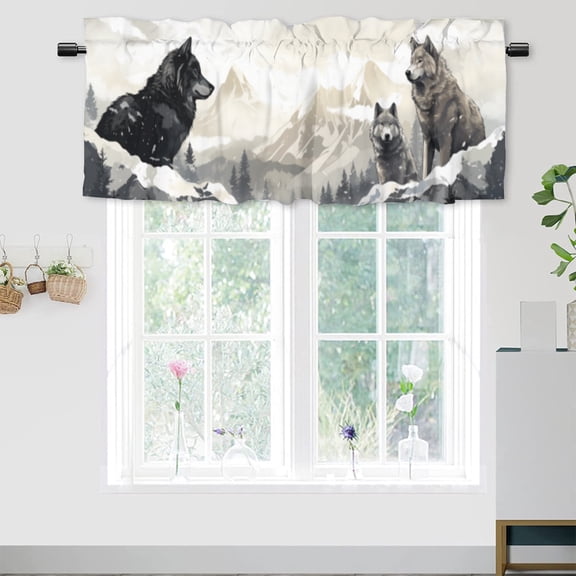 Wolf Valance Rod Pocket Window Curtain for Kitchen Winter Misty Forest Wildlife Safari Animal Hunting Theme Thermal Insulated Room Darkening Curtain for Dinning Room 54 by 18 in, 1 Panel
