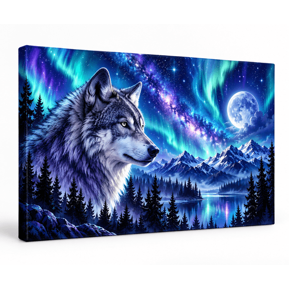 Wolf Wall Art, Aurora Canvas, Night Sky Animal Decor, 24x16in Stretched Canvas Wall Art with Inner Frame, Printed Picture for Home Living Room Bedroom Decor