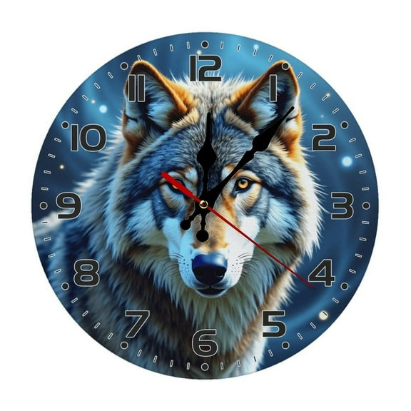 Wolf Wall Clock 10 Inch Silent Non Ticking Round Wooden Clock Decoration for Living Room Kitchen Bedroom Bathroom Office Classroom