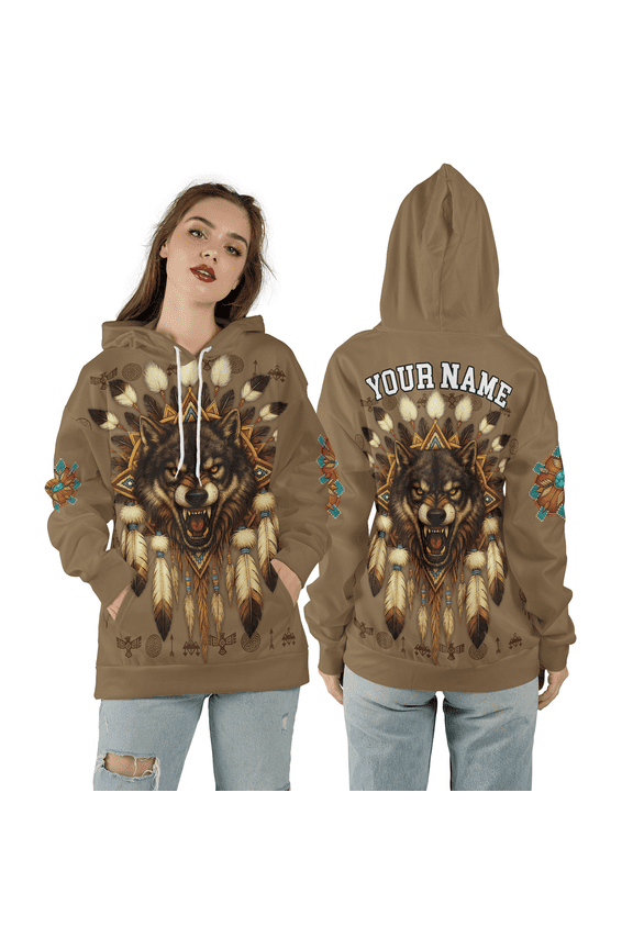 Wolf Warrior Custom Name 3D Hoodie, Tribal Style Feather Pattern, Personalized Wild Spirit Wolf 3D Print Hoodie