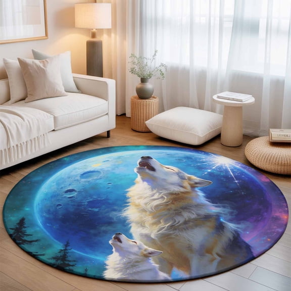 Wolf Washable Round Area Rug 3 ft, Watercolor Roaring Wolf Fantasy Universe Planet Forest Tree, Soft Non Slip Rugs Stain Repellent Indoor Felt Carpet for Living Dining Room Bedroom Home Office