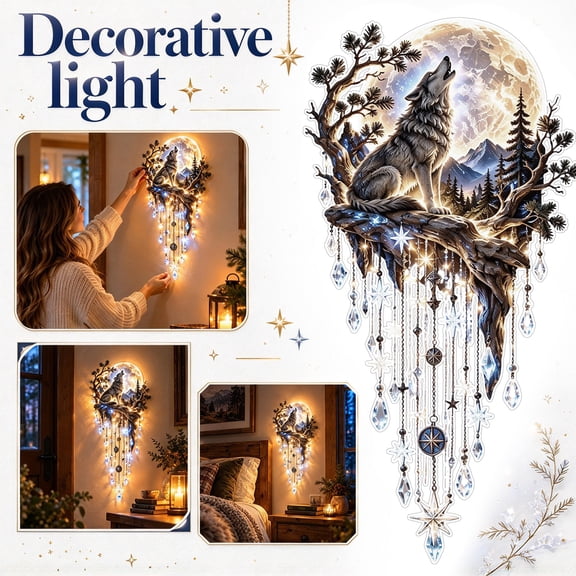 Wolf Waterfall Acrylic Pendant Light 2D Wall Hanging Lamp with Celestial Moon and Forest Landscape for Bedroom Living Room Decor