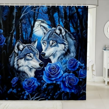 Wolf Waterproof Bathroom Curtain 72" W X 72" L,Blue Rose Flowers Bath Curtain,Shower Curtain,Safari Couple Wolves Fabric Shower Curtain Woodland Animals Bathroom Accessories