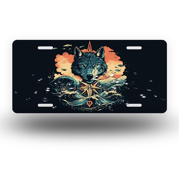 Wolf and Wave Emblem Front License Plate,Metal License Plate,Funny Standard Plates Personalized Novelty Decorative For Men/Women/Boys/Girls Car 6×12 Inch