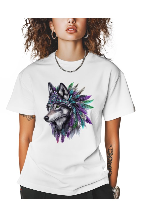 Wolf Wear Indian Headwear T Shirts for Women Short Sleeve Cotton Crewneck T-Shirt Purple Green Feather Hat Animal Tee Tops Casual Basic T-Shirts, XS-5XL White XL
