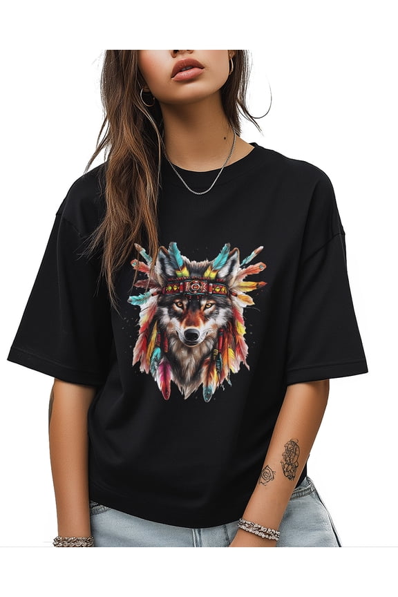 Wolf Wear Indian Headwear T Shirts for Women Short Sleeve Cotton Crewneck T-Shirt Red Bule Feather Hat Animal Tee Tops Casual Basic T-Shirts, XS-5XL Black 4XL