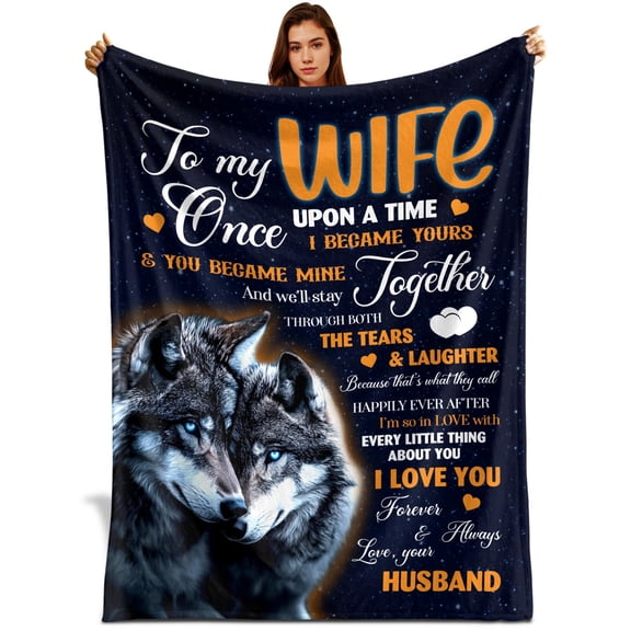 To My Wolf Wife Blanket, Personalized Love Letter Quote, Birthday or Wedding Gift for Wife, Couple Wolf Design Blanket, Wolf Lover Gift Throw for Couch or Bed, 30x40 50x60 or 60x80 Blanket