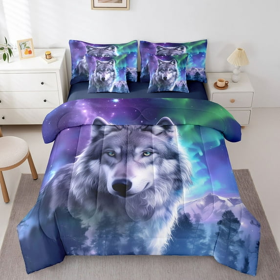 Wolf Wildlife 7 Pcs Comforter Set Twin Bed in a Bag,Watercolor Aurora Antarctic Animals Bed Set,Retro Wild Safari Animals Bedding Sets with Comforter,Flat,Fitted Sheet,Pillowcases,Pillow Covers
