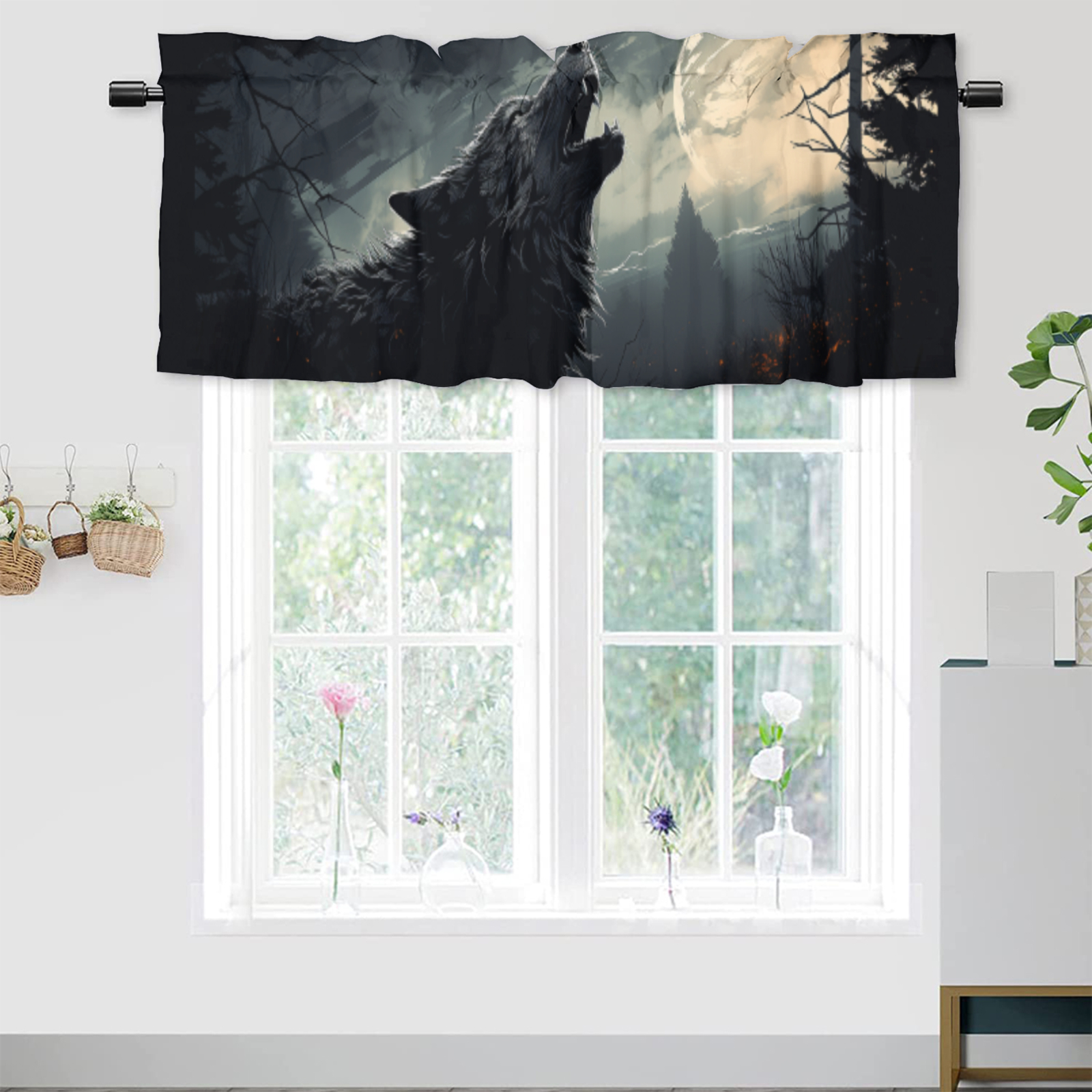 Window Howling Wolf Window Curtain Valance Wild Animals Under The Full Moon Howling ...
