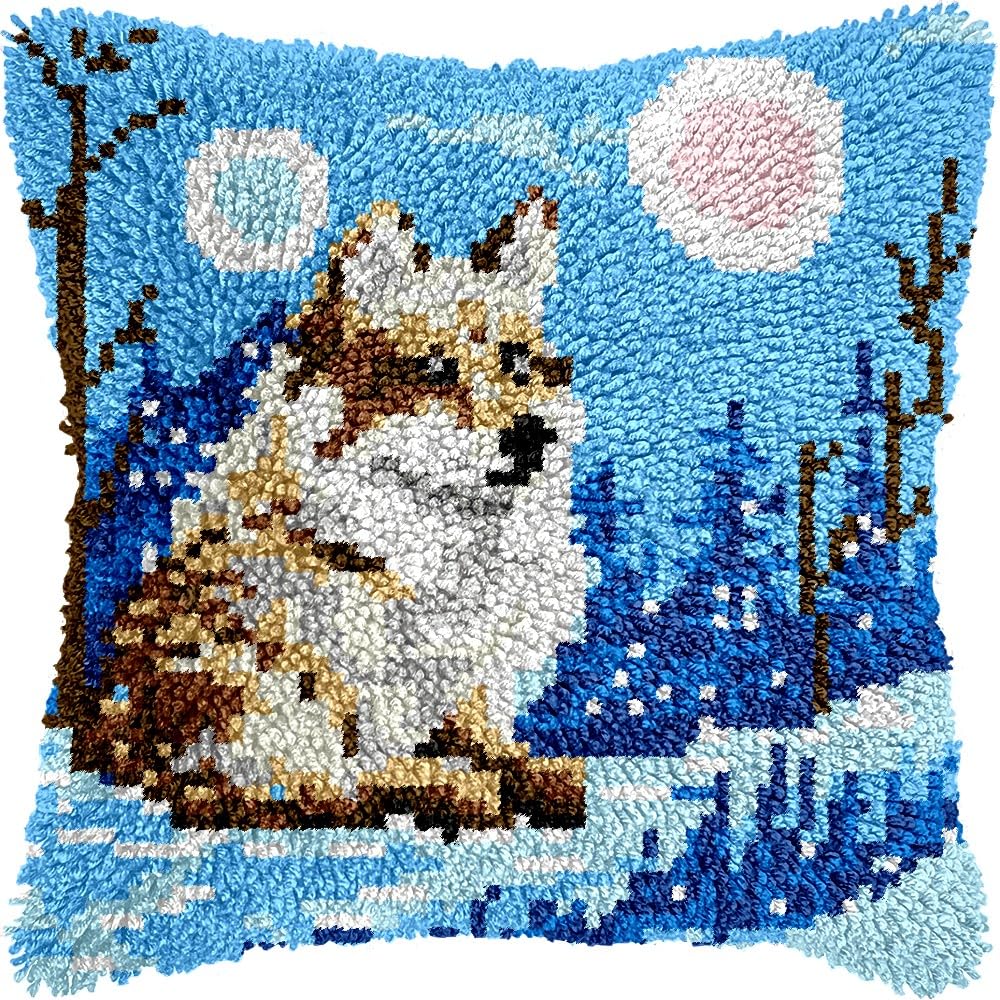 Wolf in Winter Night Latch Hook Pillow Kits for DIY Throw Pillow Cushion Embroidery Latch Hooking Pillowcase Kits with Preprinted Canvas Crochet Yarn Kits for Home Decor 17''X 17''(d163)