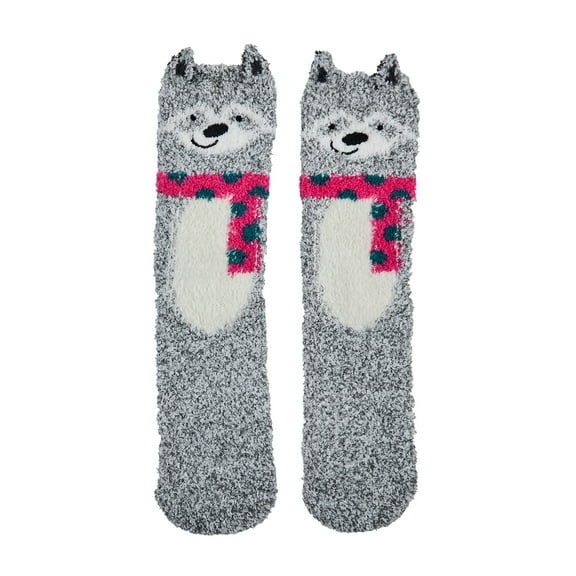 Wolf With Scarf Adult Gray Fuzzy Crew Socks