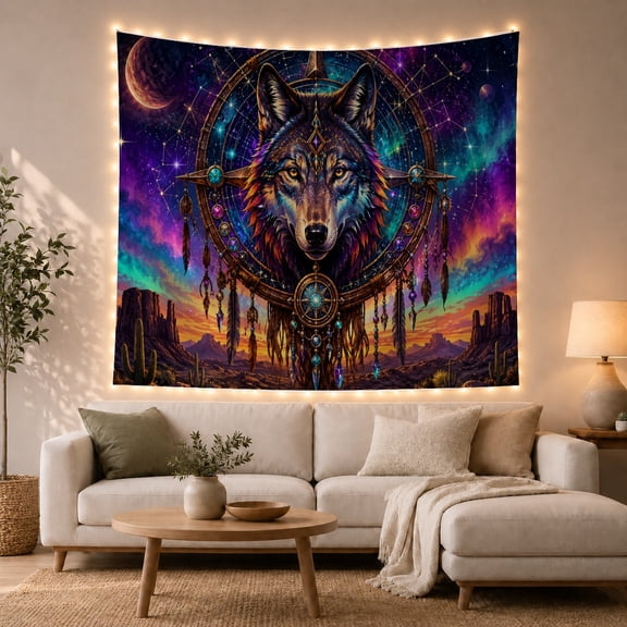 Wolf Within a Dreamcatcher Beneath a Crescent Moon, Mystical Psychedelic for Wildlife Fans, Desert Sky Art, Housewarming Gift, Tapestry Wall Hanging for Bedroom and Den