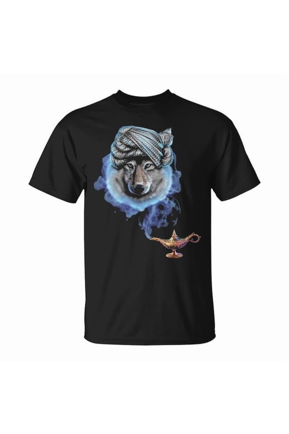 Wolf Wizard Magic Graphic Tee Unisex Adult Cotton Casual T-Shirt for Fantasy Lover or Halloween Costume Outfit, Size XL, Color Black