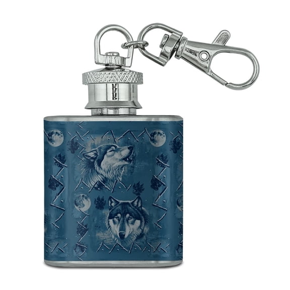 Wolf Wolves Wilderness Forest Southwestern Western Ice Blue Stainless Steel 1oz Mini Flask Key Chain