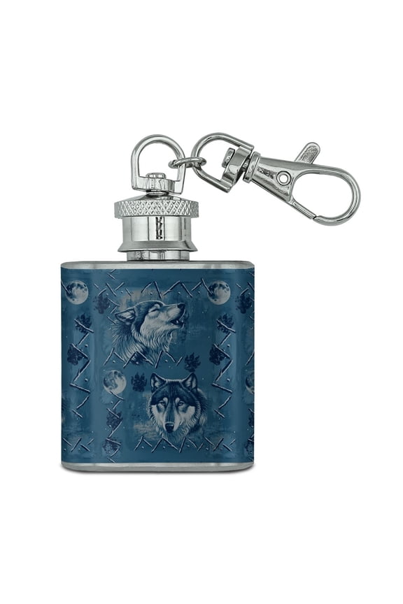 Wolf Wolves Wilderness Forest Southwestern Western Ice Blue Stainless Steel 1oz Mini Flask Key Chain