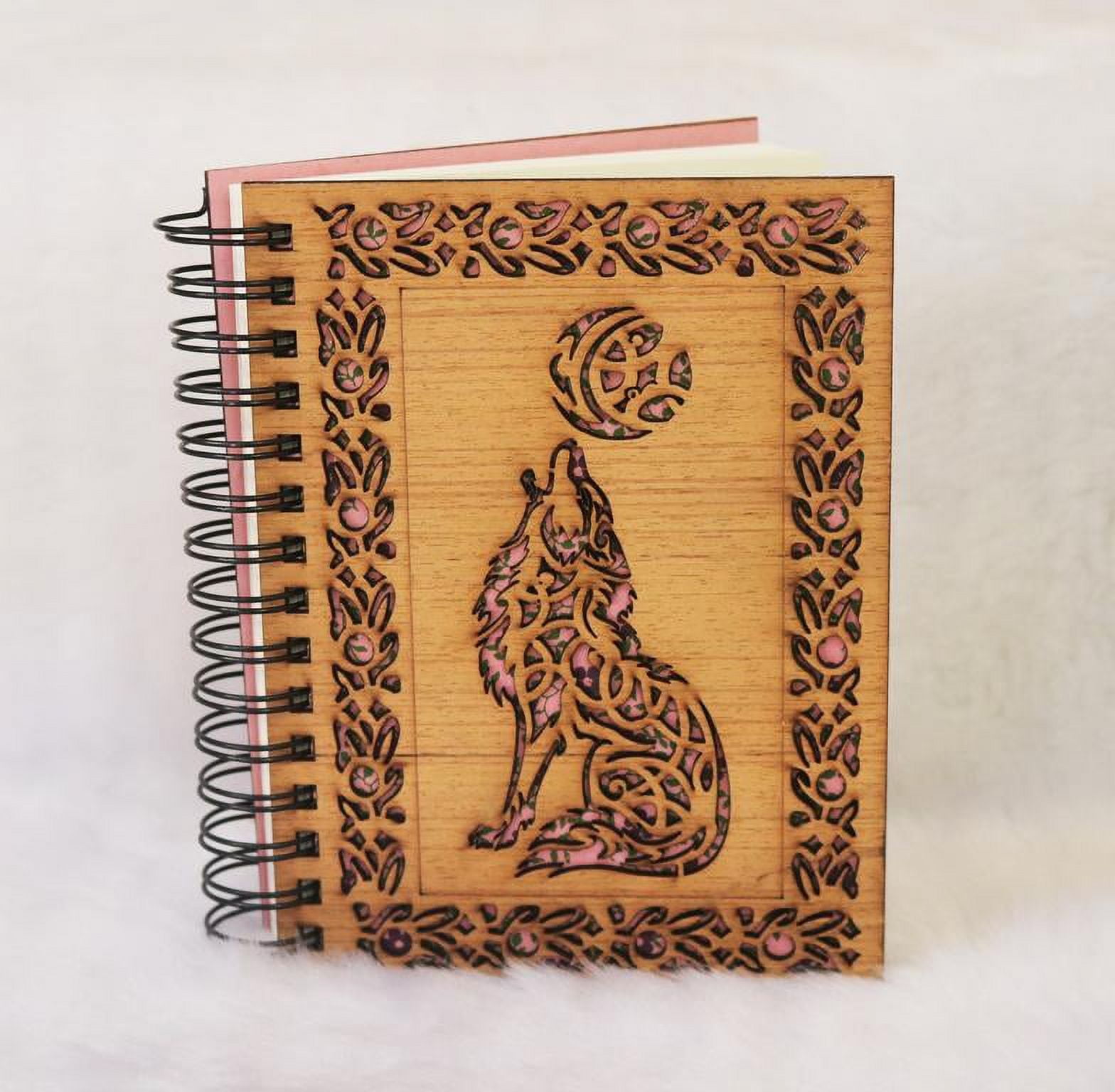 Wolf Wooden Engraved Notebook Gift (8 Inch Multicolor) Notebook, Sketchbook, Spiral Bound, Lined Pages.