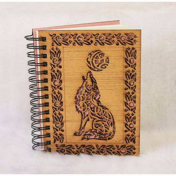 Wolf Wooden Engraved Notebook Gift (8 Inch Multicolor) Notebook, Sketchbook, Spiral Bound, Lined Pages.