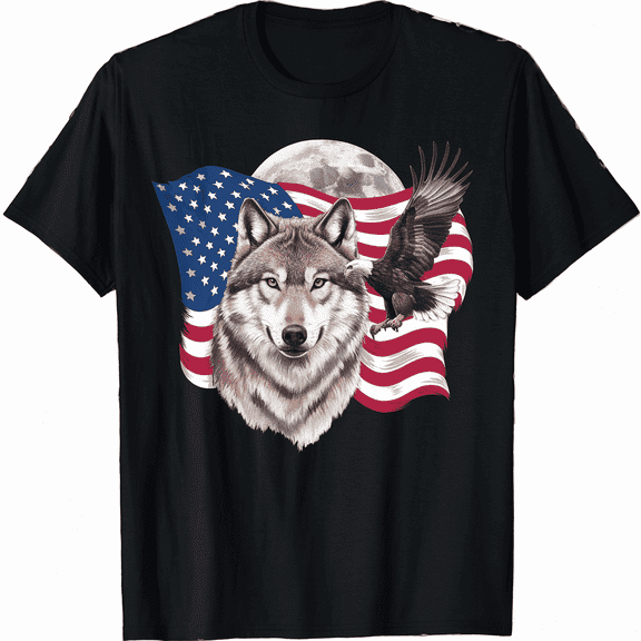 Wolf and Bald Eagle American Flag Graphic Unisex Short Sleeve T-Shirt