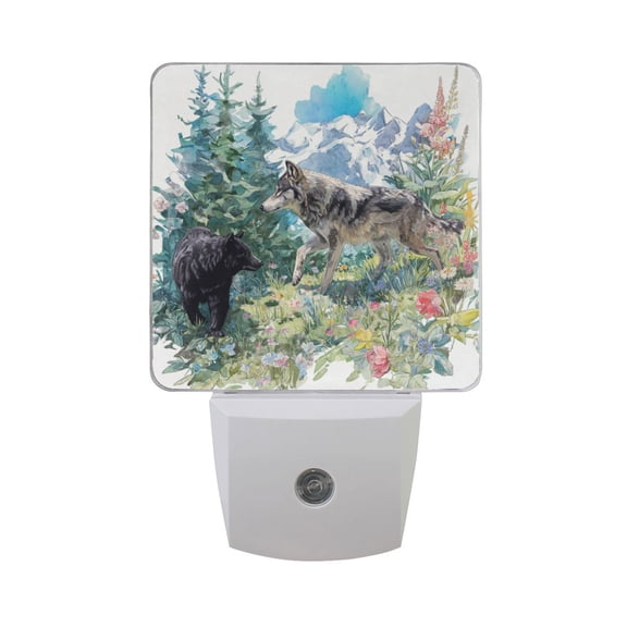 Wolf and Bear Mountain Flowers Watercolor LED Night Light Sensor Lamp Plug-in Adjustable Brightness 2 Pack