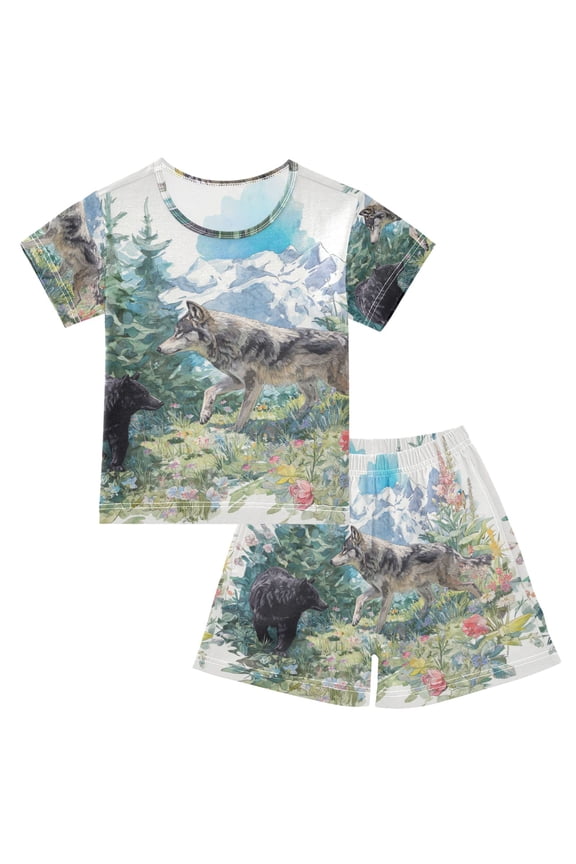 Wolf and Bear Mountain Flowers Watercolor Pajamas Set Short Sleeves Sleepwear Top with Shorts Loose Fit Lounge Wear Unisex 11-12Y