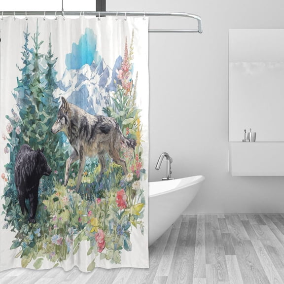 Wolf and Bear Mountain Flowers Watercolor Shower Curtains with 12 Hooks Waterproof Bathroom Decor 66" x 72"