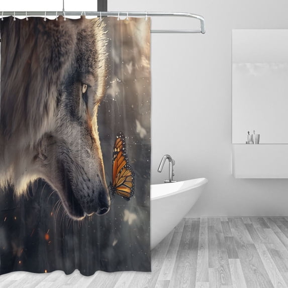 Wolf and Butterfly Shower Curtains with 12 Hooks Waterproof Bathroom Decor 66" x 72"