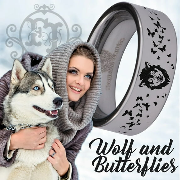 Wolf and Butterfly Tungsten Carbide Ring