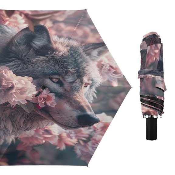 Wolf and Cherry Blossoms Compact Sun Umbrella Windproof Travel Umbrellas for Rain Strong Portable UV Protection